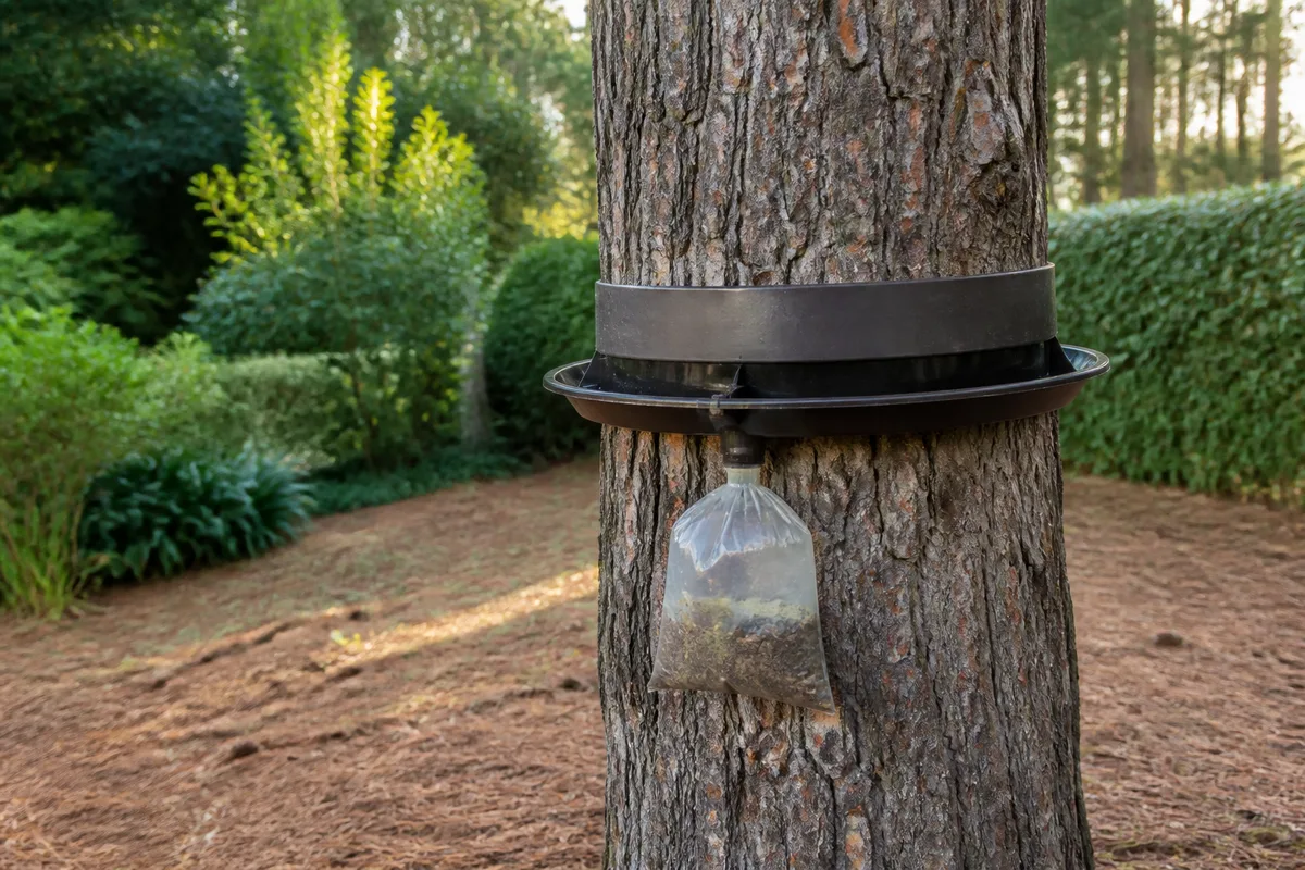 Piege collier en gouttiere installe autour du tronc d un pin, avec son sac de collecte rempli de terre