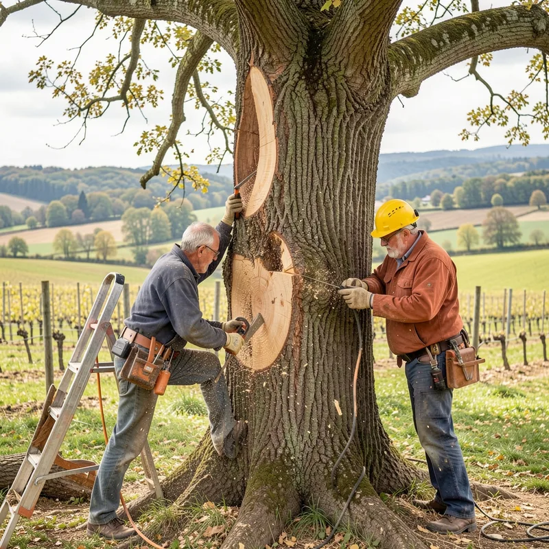 Démontage d&rsquo;un grand arbre par sections près d&rsquo;une maison