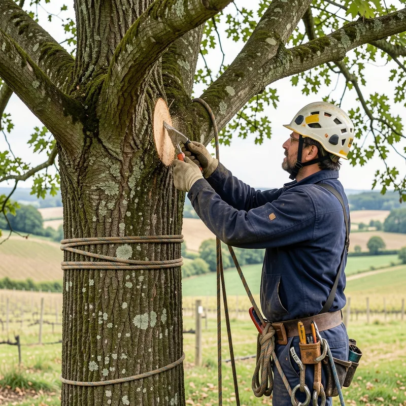 Élagueur taillant un arbre dans un jardin du Beaujolais
