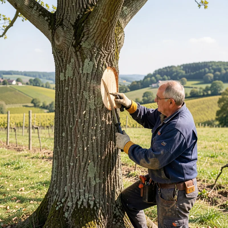 Grimpeur démontant un arbre par tronçons à l&rsquo;aide de cordes