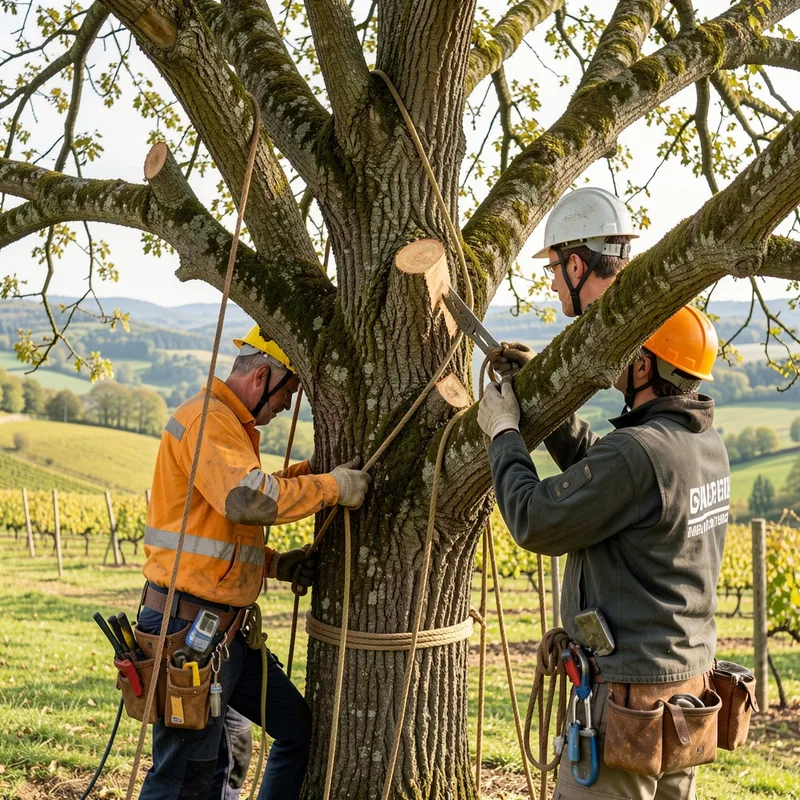 Élagueur grimpeur taillant les branches hautes d&rsquo;un arbre
