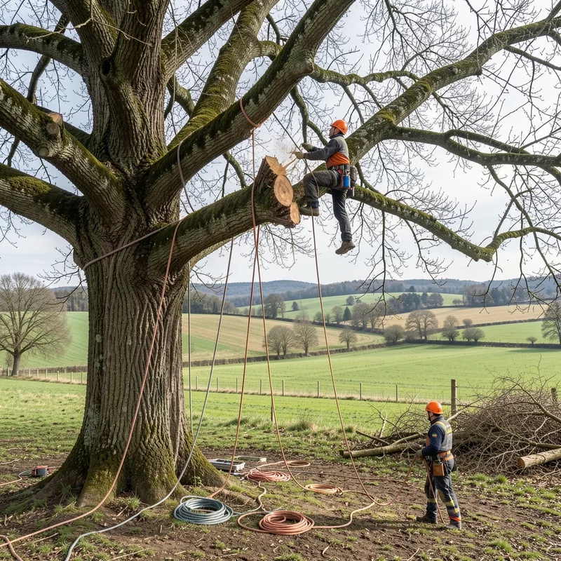 Arbre taillé et sécurisé dans un jardin du Beaujolais